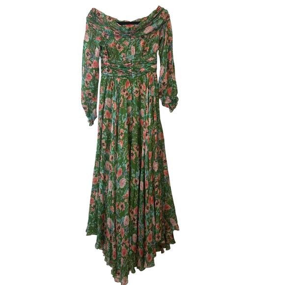 Amur Raven Silk Floral Off-Shoulder Maxi Dress Green Pink Size 0 - Picture 5 of 14